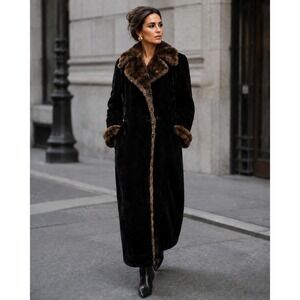 Vintage Borgazia by Fairmoor Black Maxi Coat Brown Faux Fur Trim Size M